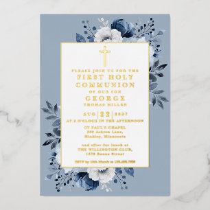 Dusty Blue Boho Floral Eerste Heilige Communie Gou Folie Uitnodiging