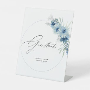 Dusty Blue Boho Floral Gastenboek Reclamebord Met Voetstuk