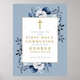 Dusty Blue Boho Floral Holy Communion Affiche de b