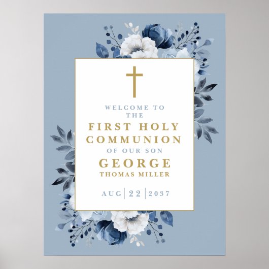 Dusty Blue Boho Floral Holy Communion Affiche de b (Devant)