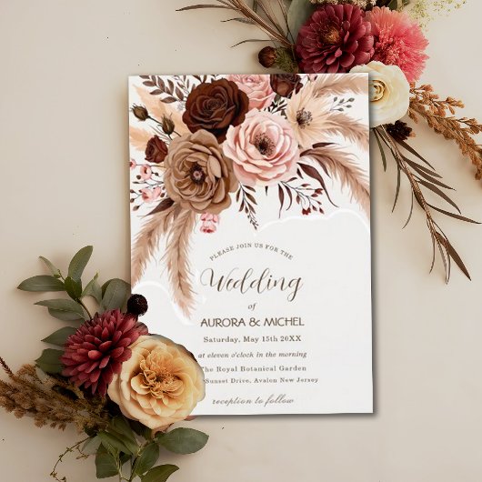 Dusty Blue Boho Floral Pampas Grass Wedding Kaart