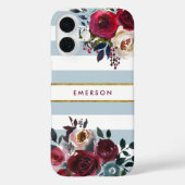 Dusty Blue Boho Floral Stripe Monogram Case-Mate iPhone Case (Achterkant)