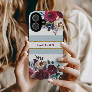 Dusty Blue Boho Floral Stripe Monogram iPhone 16 Hoesje