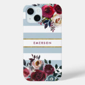 Dusty Blue Boho Floral Stripe Monogram Case-Mate iPhone Case (Achterkant)