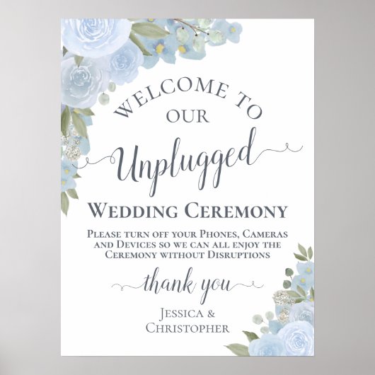 Dusty Blue Boho Floral Unplugged Wedding Ceremony Poster (Voorkant)