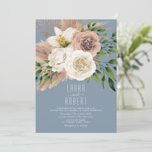 Dusty Blue Boho Floral Wedding Invitation Kaart (Staand voorkant)