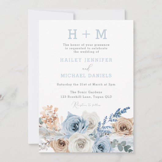 Dusty Blue Boho Monogram Wedding Kaart (Voorkant)