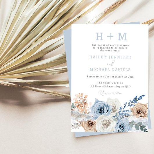 Dusty Blue Boho Monogram Wedding Kaart