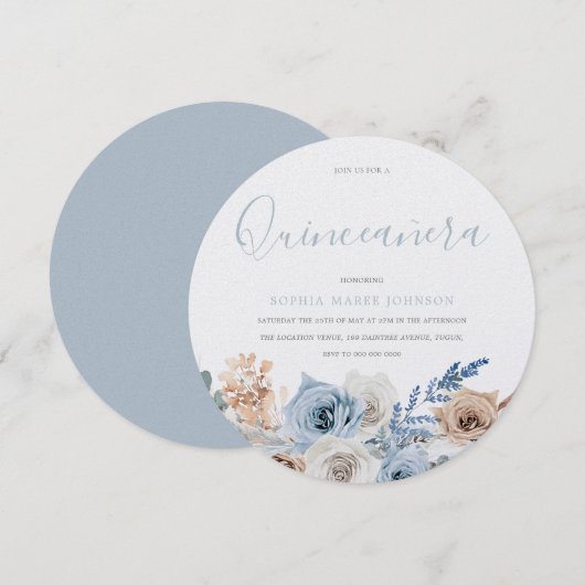 Dusty Blue Boho Pear Shimmer Quinceanera Party Kaart (Voorkant / Achterkant)