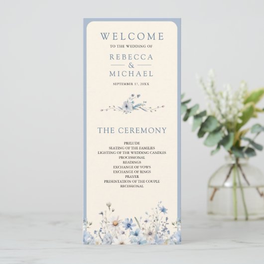 Dusty Blue Boho Programme de mariage Fleur sauvage (Debout devant)