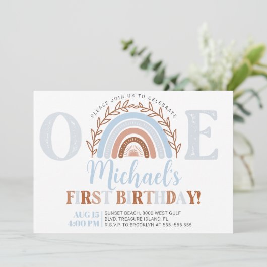 Dusty Blue Boho Rainbow Invitation d'anniversaire (Debout devant)