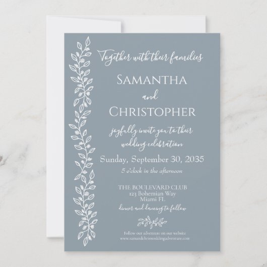 Dusty Blue Boho Romantische Botanische Minimal Wed Kaart (Voorkant)