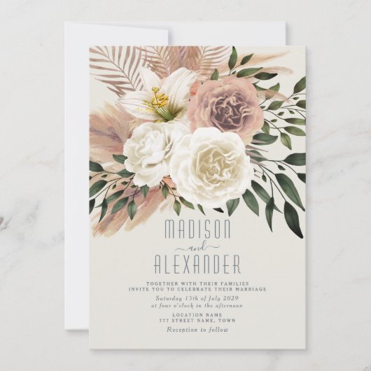 Dusty Blue Boho Roze Bloemen Huwelijksuitnodiging Kaart (Voorkant)