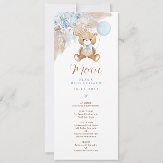 Dusty Blue Boho Teddy Bear Balloon Menu Kaart (Voorkant)