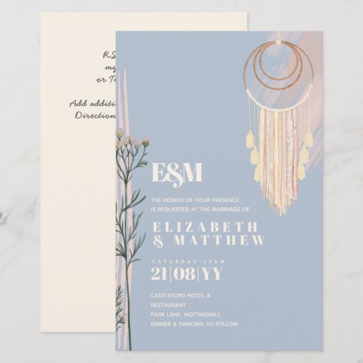 Dusty Blue Boho Wedding Invitations (Voorkant / Achterkant)