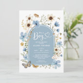 Dusty Blue Boho Wildflower Boy Baby shower Kaart (Staand voorkant)