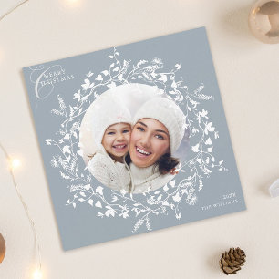 Dusty Blue Boho Wildflower Kerstmis Fotoplein Feestdagenkaart