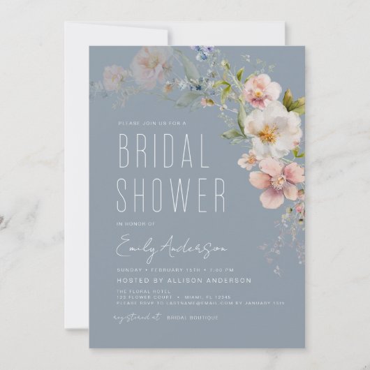 Dusty Blue Boho Wildflower Vrijgezellenfeest Elega Kaart (Voorkant)