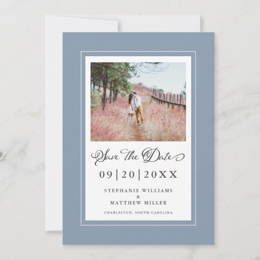 Dusty Blue Borders Foto bewaart de datum bruiloft Save The Date (Voorkant)