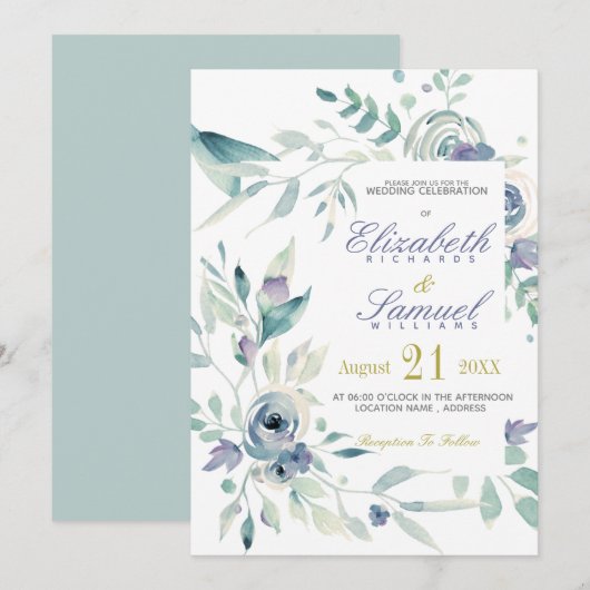 Dusty Blue Botanic Waterverf Elegant Wedding Kaart (Voorkant / Achterkant)