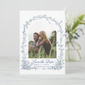 Dusty Blue Botanical Arch Garden Wedding Photo Save The Date (Staand voorkant)
