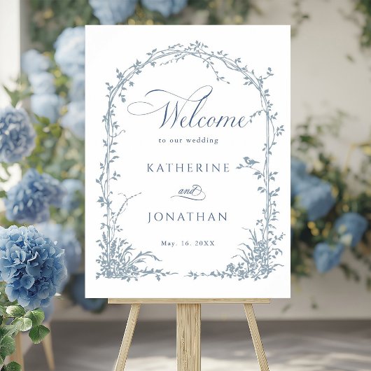 Dusty Blue Botanical Arch Garden Wedding Welcome  Poster