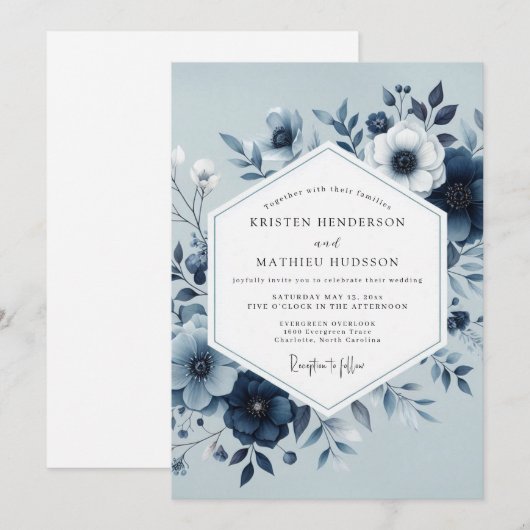 Dusty Blue Botanical Bloom Wedding Kaart (Voorkant / Achterkant)