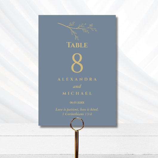 Dusty Blue Botanical Christian Wedding Table Nu Kaart