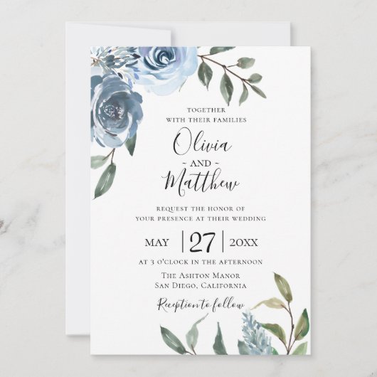 Dusty Blue Botanical Faire-part de mariage (Devant)