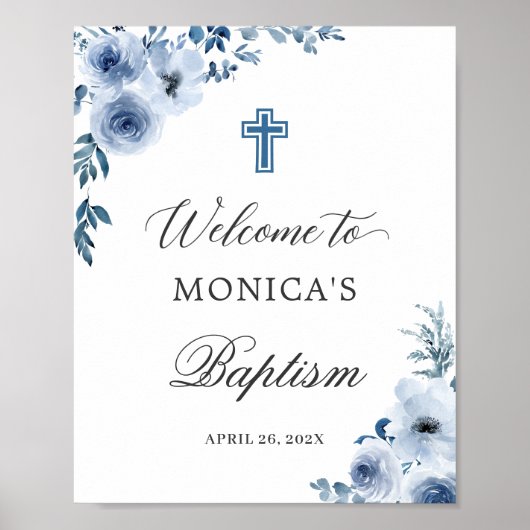 Dusty Blue Botanical Floral Baptism Welcome Sign Poster (Voorkant)