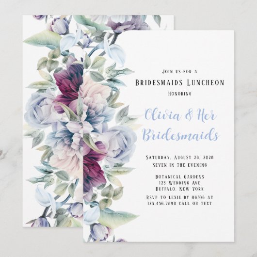 Dusty Blue Botanical Florals Bridesmaids Luncheon Kaart (Voorkant / Achterkant)