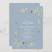 Dusty Blue Botanical Greenery Boy Baptisme Kaart (Voorkant / Achterkant)