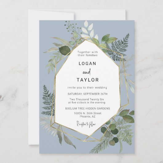 Dusty Blue Botanical Greenery Gold QR Code Foto Kaart (Voorkant)