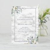 Dusty Blue Botanical Greenery Marble Photo Wedding Kaart (Staand voorkant)