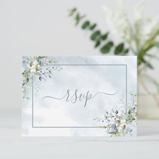 Dusty Blue Botanical Greenery Waterverf RSVP (Staand voorkant)