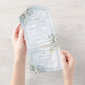 Dusty Blue Botanical Greenery Waterverf Script All In One Uitnodiging (Afscheurbaar)