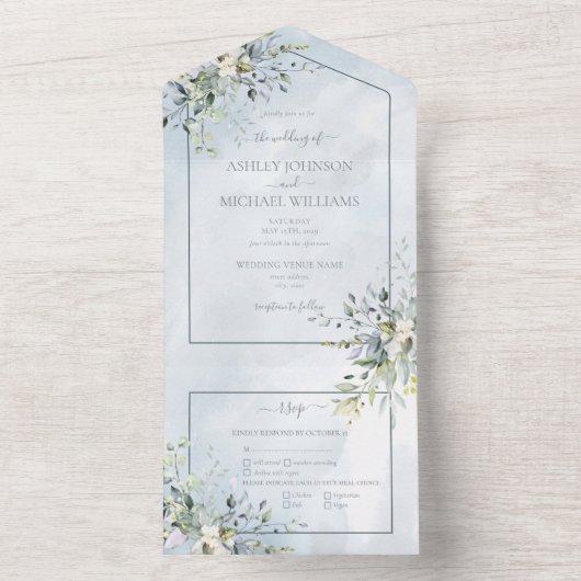 Dusty Blue Botanical Greenery Waterverf Script All In One Uitnodiging (Binnen)