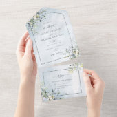 Dusty Blue Botanical Greenery Waterverf Script All In One Uitnodiging (Afscheurbaar)