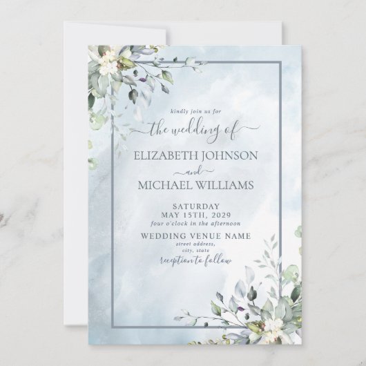 Dusty Blue Botanical Greenery Waterverf Script Kaart (Voorkant)