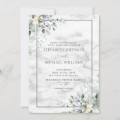 Dusty Blue Botanical Greenery White marble Wedding Kaart (Voorkant)