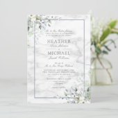 Dusty Blue Botanical Greenery White marble Wedding Kaart (Staand voorkant)