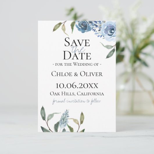 Dusty Blue Botanical Save the Date Aankondiging (Staand voorkant)