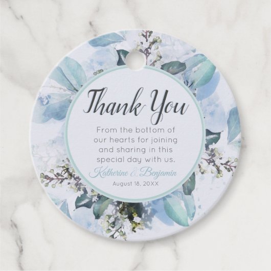 Dusty Blue Botanical Wedding Dank u Bedankjes Labels (Voorkant)