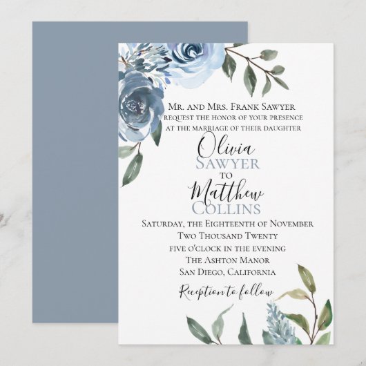 Dusty Blue Botanical Wedding Invitation Kaart (Voorkant / Achterkant)
