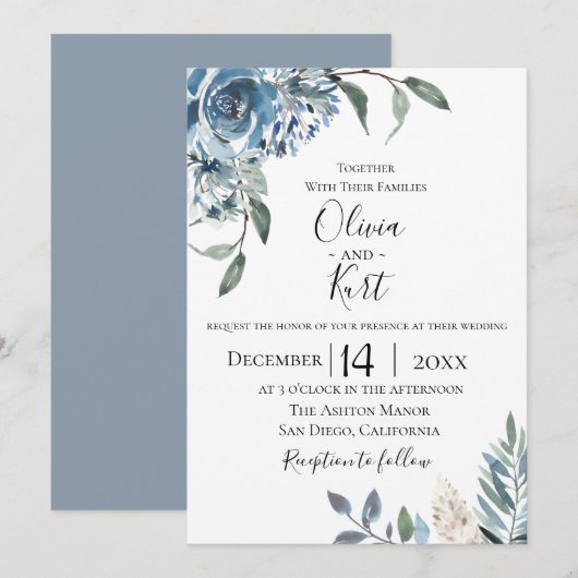 Dusty Blue Botanical Wedding Invitation Kaart (Voorkant / Achterkant)