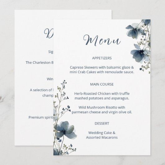 Dusty Blue Botanical Wedding Menu (Voorkant / Achterkant)