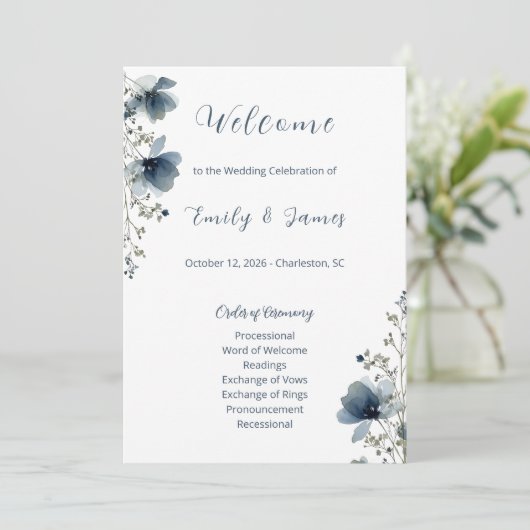 Dusty Blue Botanical Wedding Programma (Staand voorkant)
