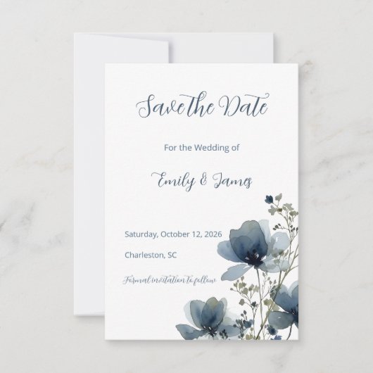 Dusty Blue Botanical Wedding Save The Date (Voorkant)