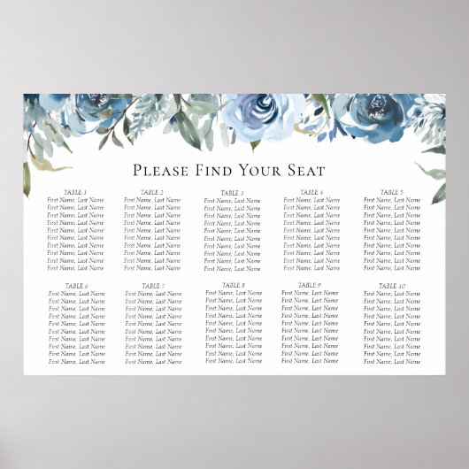 Dusty Blue Botanical Wedding Seating Chart Poster (Voorkant)