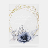Dusty Blue Botanische Bloemen Gouden Bruiloft Acryl Bord (Voorkant)